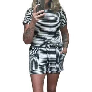 NEW 1 THE WOMAN striped textured knit top and short set in black